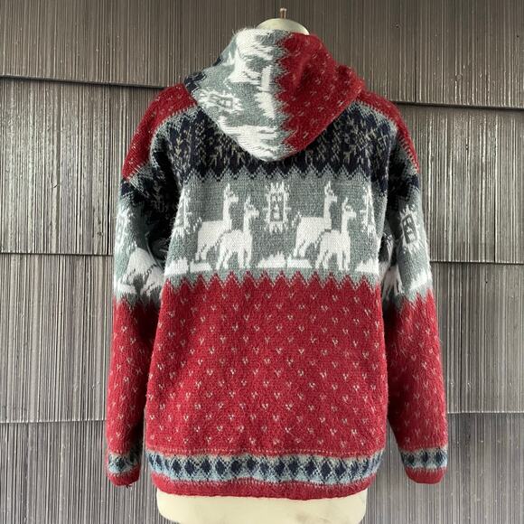 🔥Ruminahui Wool Alpaca Fuzzy Llama Southwest Native Aztec Hood Sweater Cardigan - Picture 2 of 16